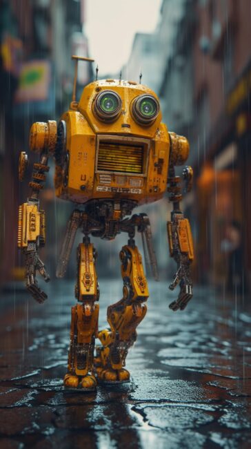 wallpaper of robot walking down street