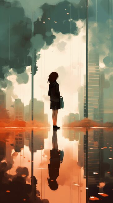 wallpaper of woman standing in rain of a dystopian city