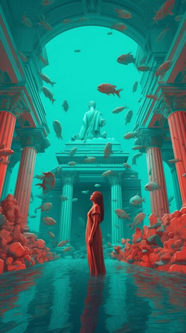 wallpaper of woman standing in underwater palace with fish