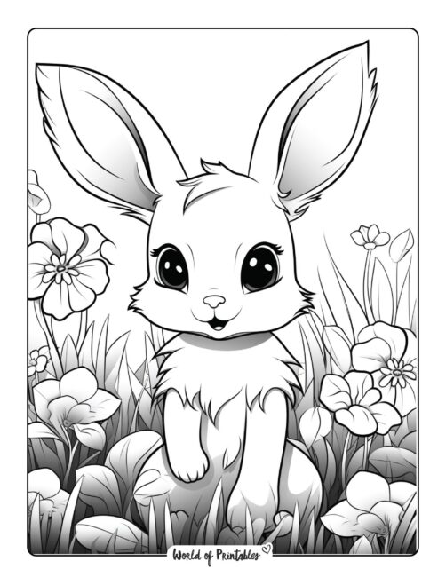 Adorable Bunny with Flowers Coloring Page