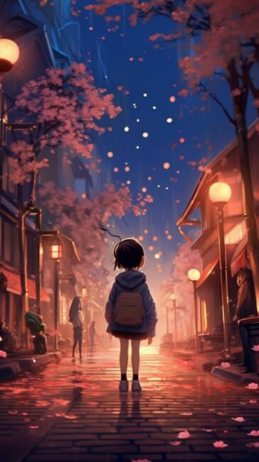 Anime Girl at Night Golden Background