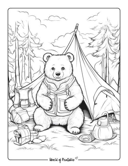 Bear Camping in the Woods Coloring Page