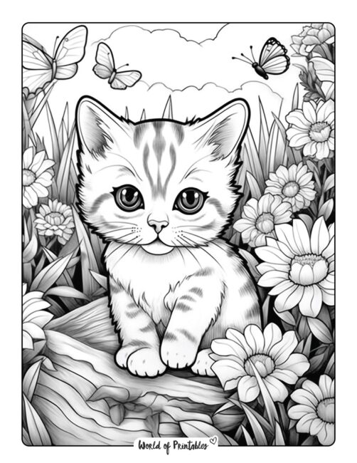 Beautiful Flowers and Kitten Coloring Page