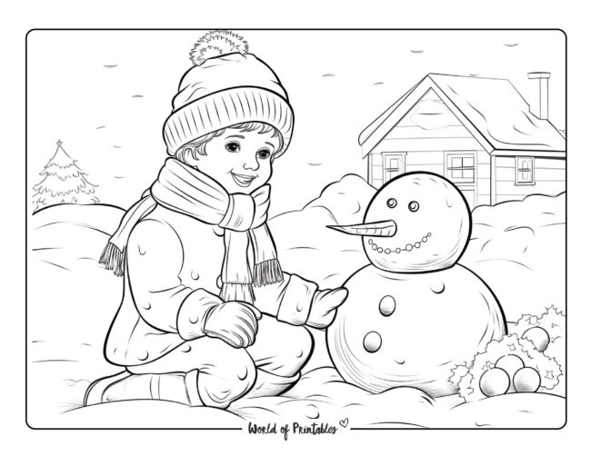 Boy Building a Snowman Coloring Sheet