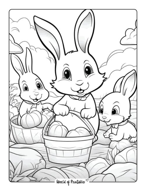 Bunnies with vegetable Baskets Coloring Page