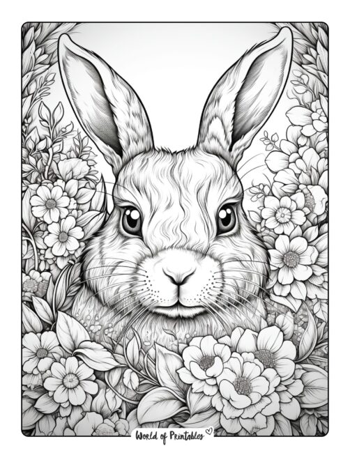 Bunny Hiding in Flowers Coloring Page