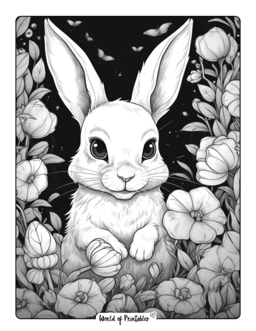 Bunny Surrounded by Flowers at Night Coloring Page
