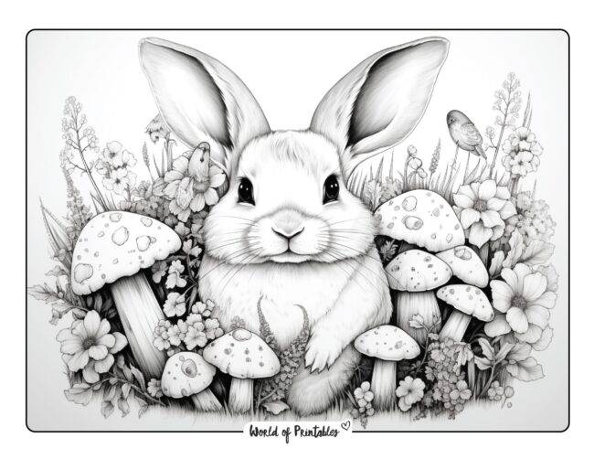 Bunny Surrounded by Mushrooms Coloring Page