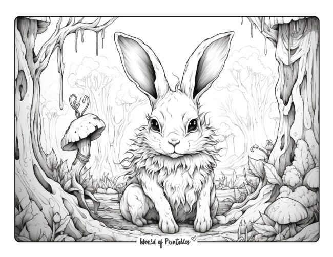 Bunny in a Dark Forest Coloring Page