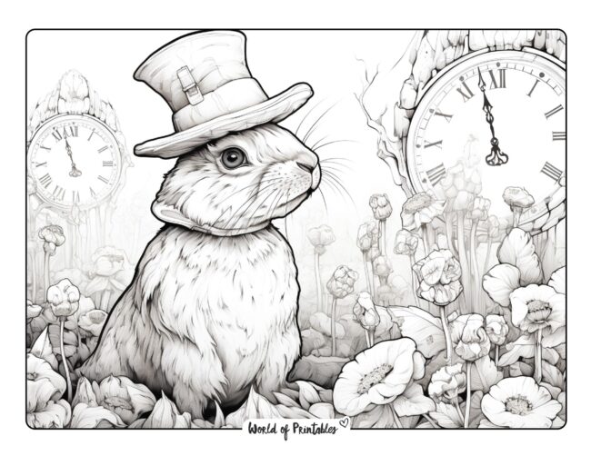 Bunny in a Hat Fairy tale Background Coloring Page