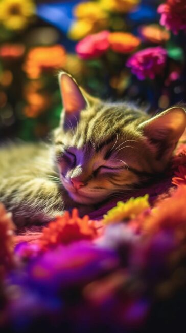 Cat Sleeping on Rainbow Flowers Cute Cat Wallpaper