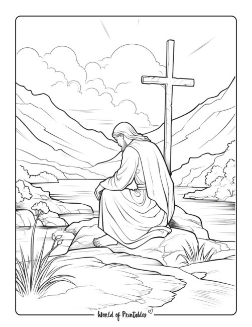 Christian Kneeling by a Cross Coloring Page