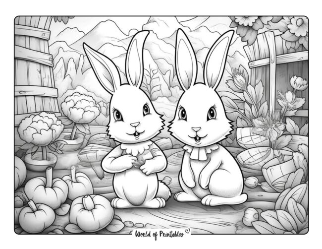 Content Bunny with vegetables Coloring Page
