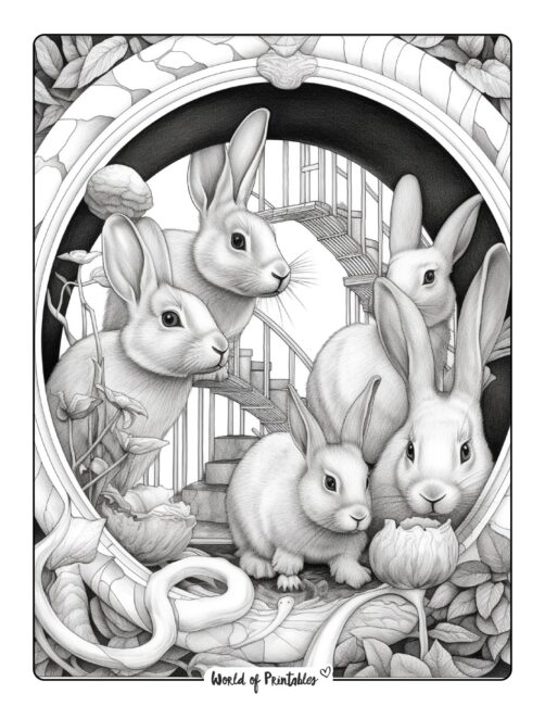 Curious Bunnies in a Warren Coloring Page
