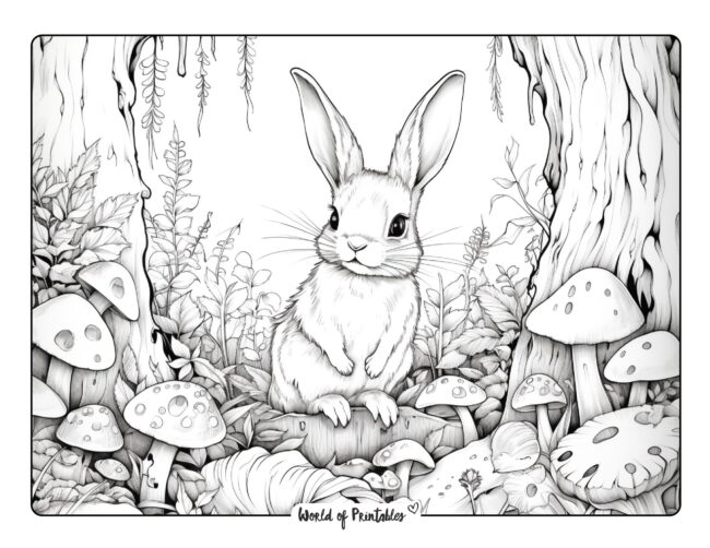 Curious Bunny in a Magical Forest Coloring Page