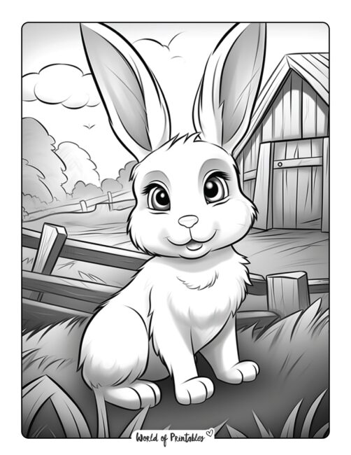 Curious Bunny on a Farm Coloring Page