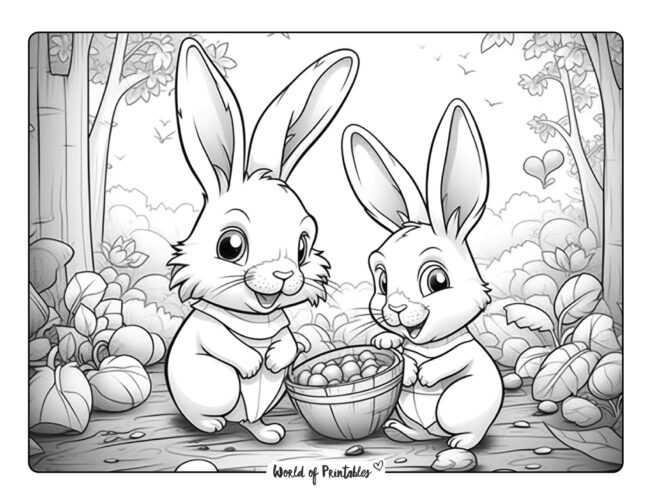 Cute Bunnies with Pointy Ears and Easter Eggs Coloring Page
