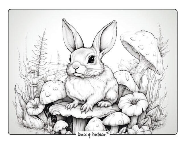 Cute Bunny and Toadstools Coloring Page