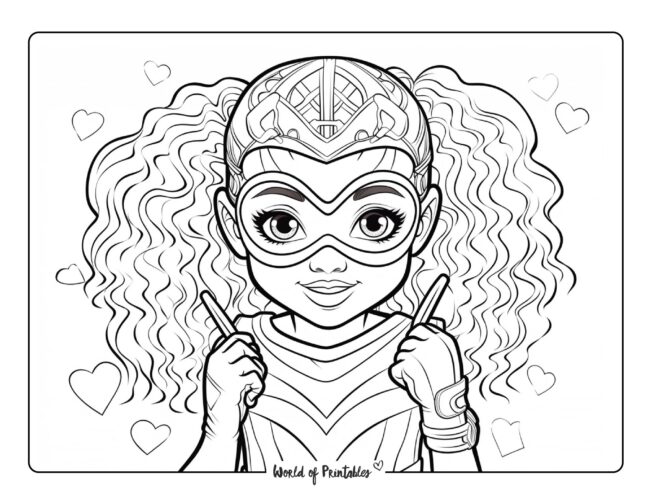 Cute Girl Hero with Love Hearts Coloring Page