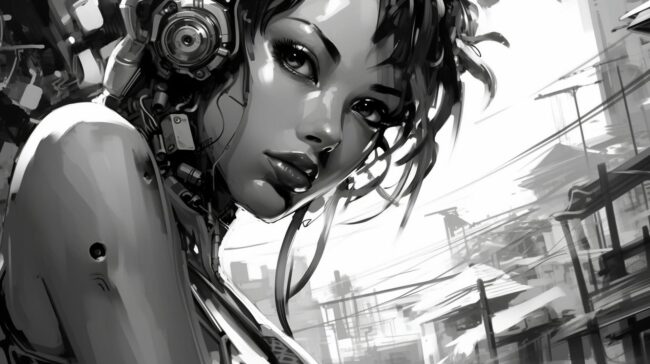 Cyberpunk Girl Black and White Background