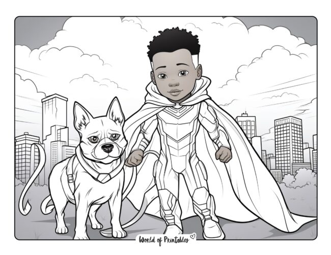 Dog and Boy Hero Coloring Page