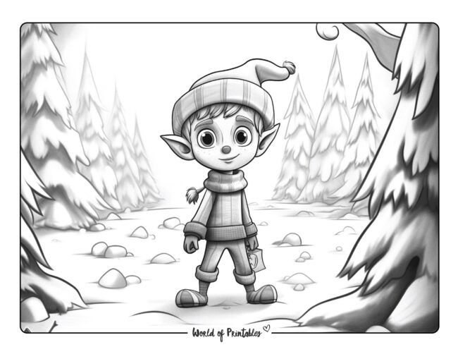 Elf in a Snowy Forest Coloring Sheet