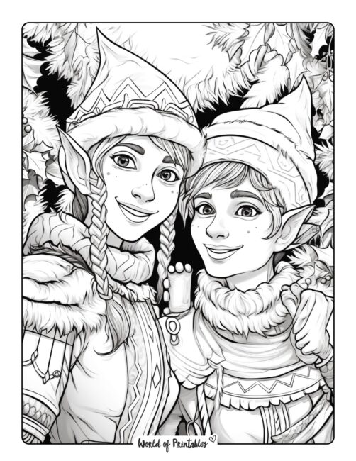 Elves Taking a Selfie Coloring Page