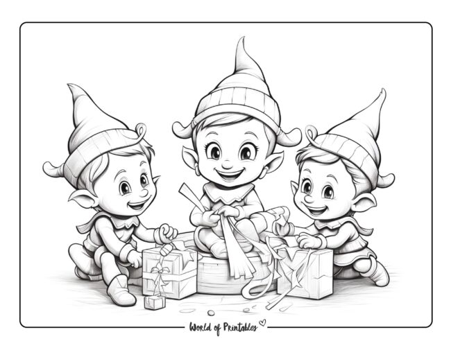 Elves Wrapping Presents Coloring Page