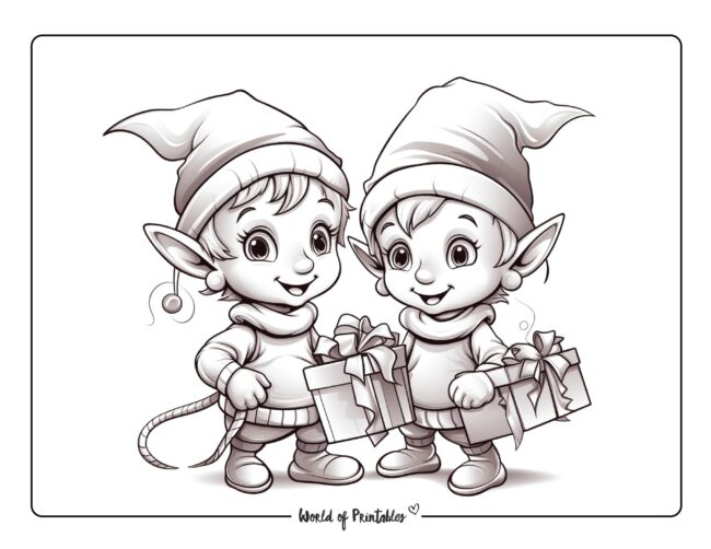 Elves and Gifts Coloring Sheet