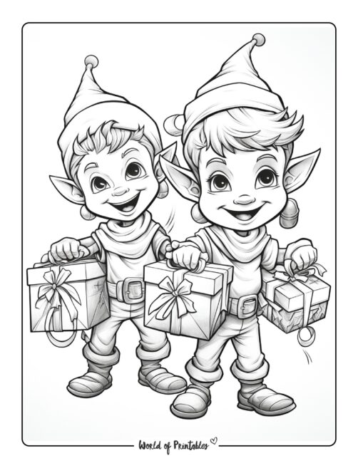 Elves with Gifts Coloring Page