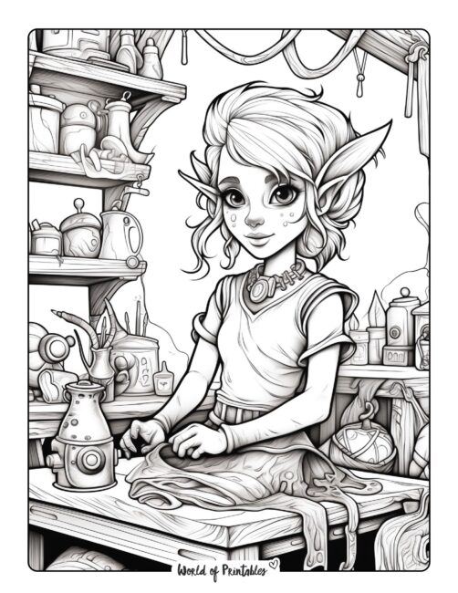 Female Elf in Workshop Coloring Page