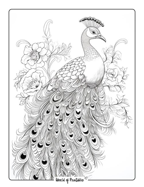 Flower and Peacock Coloring Sheet