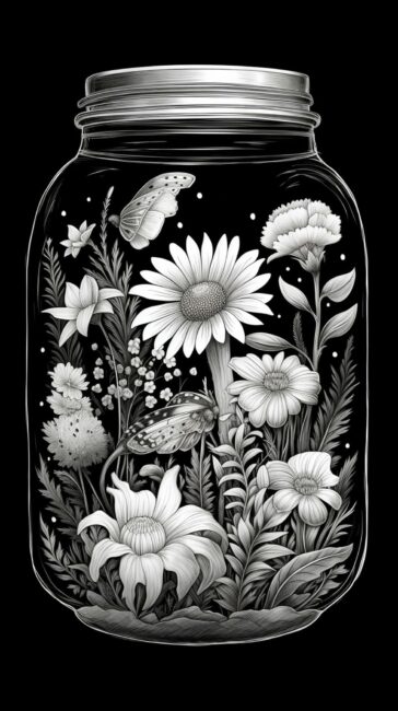Flowers in a Jar Black and White Background