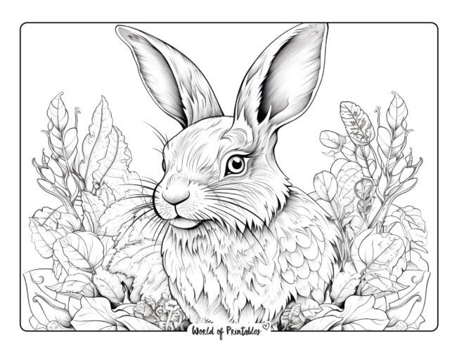 Fluffy Bunny Surrounded by Leaves Coloring Page