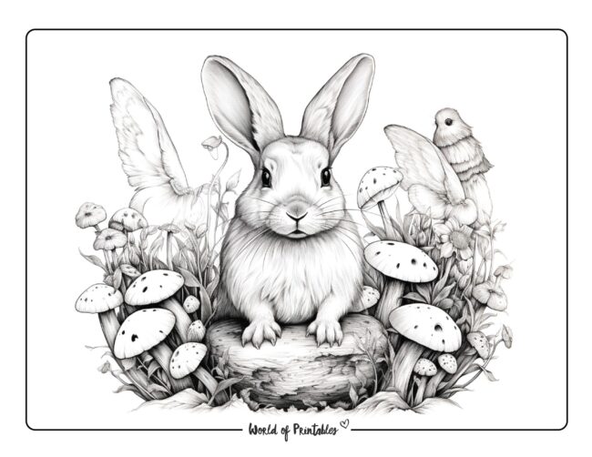 Fluffy Bunny in a Mystical Garden Coloring Page