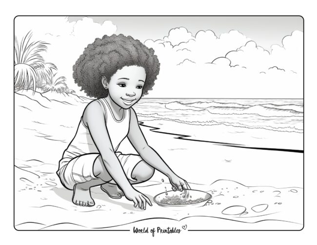 Girl Digging on the Beach Coloring Sheet