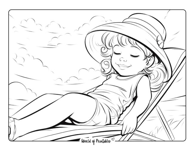 Girl Sunbathing on the Beach Coloring Page