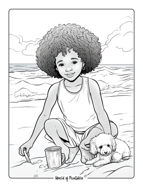 Girl and Puppy on the Beach Coloring Page