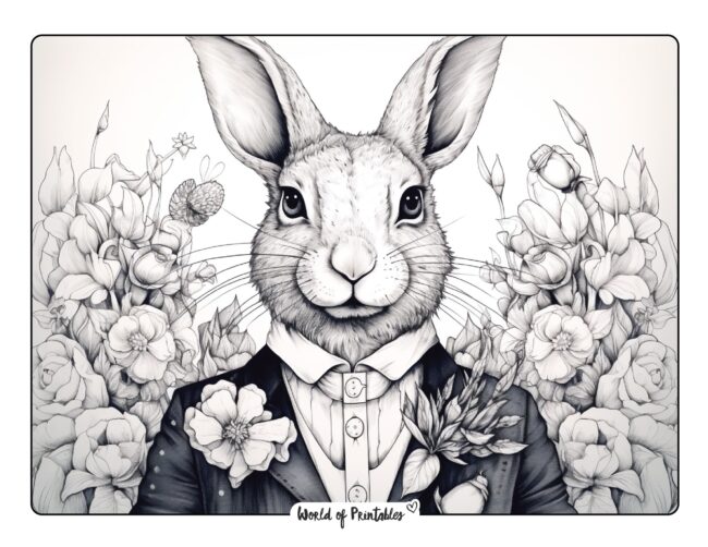 Handsome Bunny Surrounded by Flowers Coloring Page