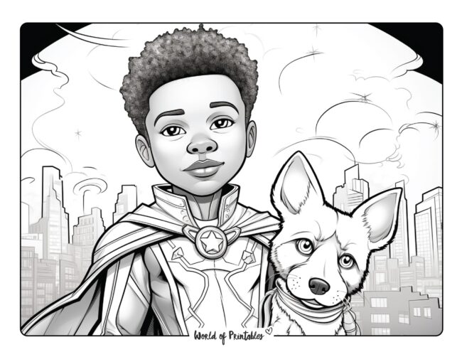 Hero and Dog Coloring Page