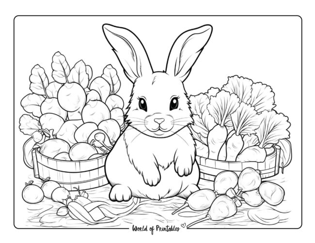 Hungry Bunny with Baskets of Vegetables Coloring Page