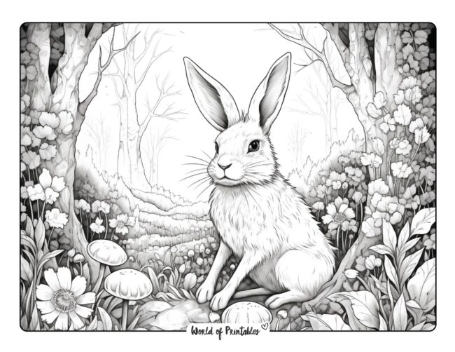 Inquisitive Bunny in a Flowery Forest Coloring Page