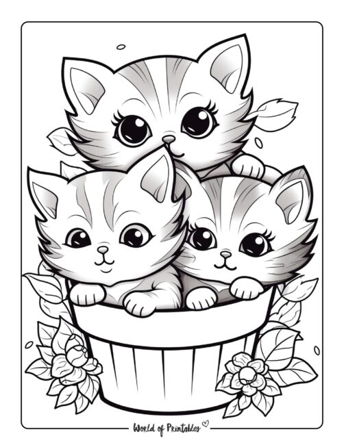 Kawaii Kittens in a Flowerpot Coloring Page