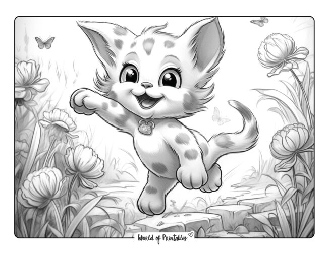 Kitten Jumping in the Flowers Coloring Page