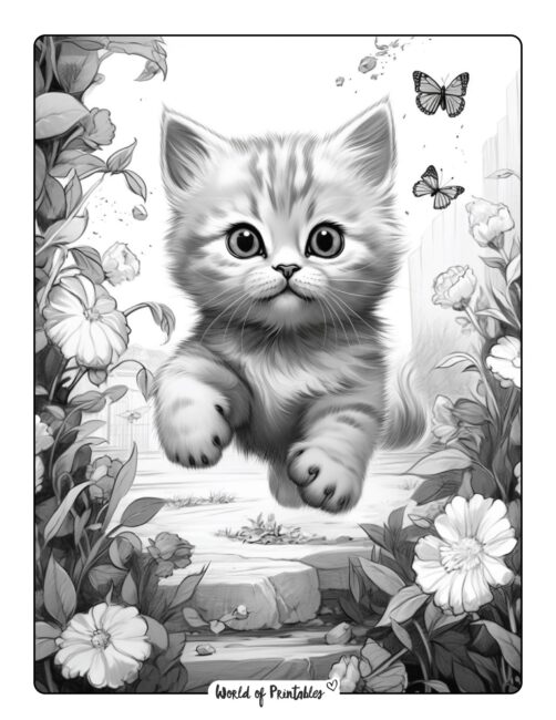 Kitten Jumping in the Garden Coloring Page