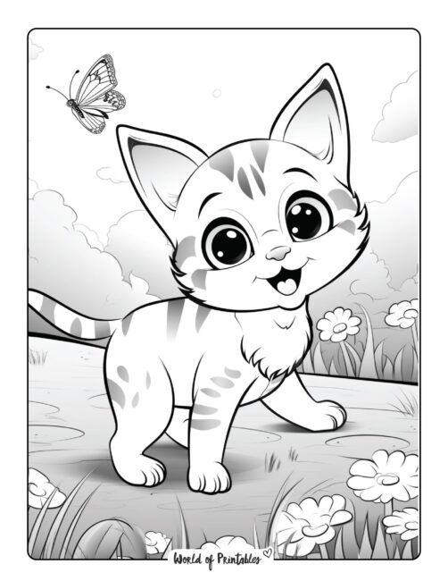 Kitten Playing Outside Coloring Page