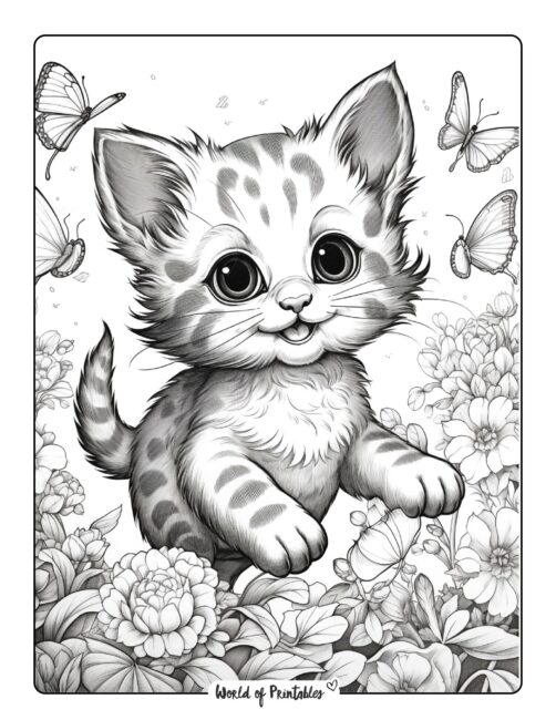 Kitten Running in Flowers Coloring Page