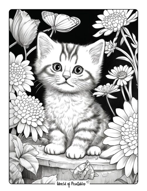 Kitten Surrounded by Large Flowers Coloring Sheet