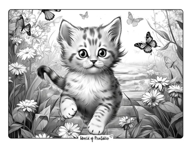 Kitten and Butterflies Coloring Page