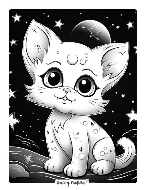 Kitten at Night Coloring Page